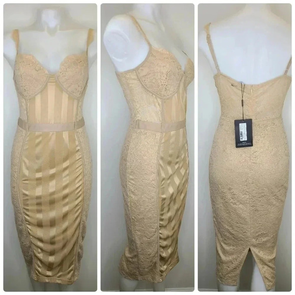 PrettyLittleThing Stone Shape Lace Mesh Stripe Midi Dress Tan Beige Bodycon 8 - Picture 13 of 15